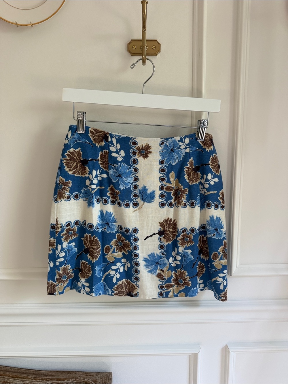 Doe & Rae Blue Floral Patchwork Mini Skirt with Brown Accents